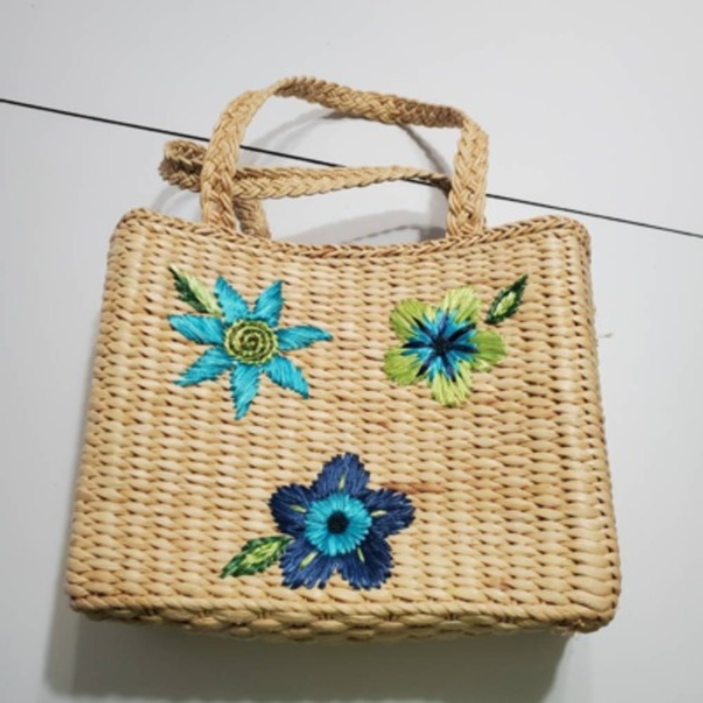 Womens Straw Tote Bag Beige Blue Floral Square Braided Dual Handle Lined Pockets